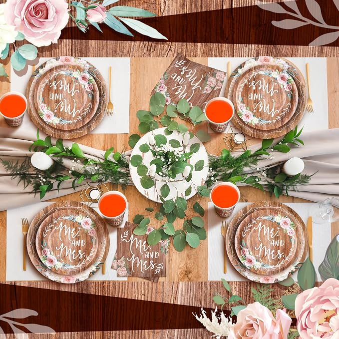 Zhehao 250 Pcs Rustic Bridal Shower Paper Plates Napkins Set Mr and Mrs Party Tableware 50 Pcs 9'' Dinner Plates and 7'' Dessert Plate 9 Oz Cup 100 Napkin Serves 50 for Engagement Wedding Decoration