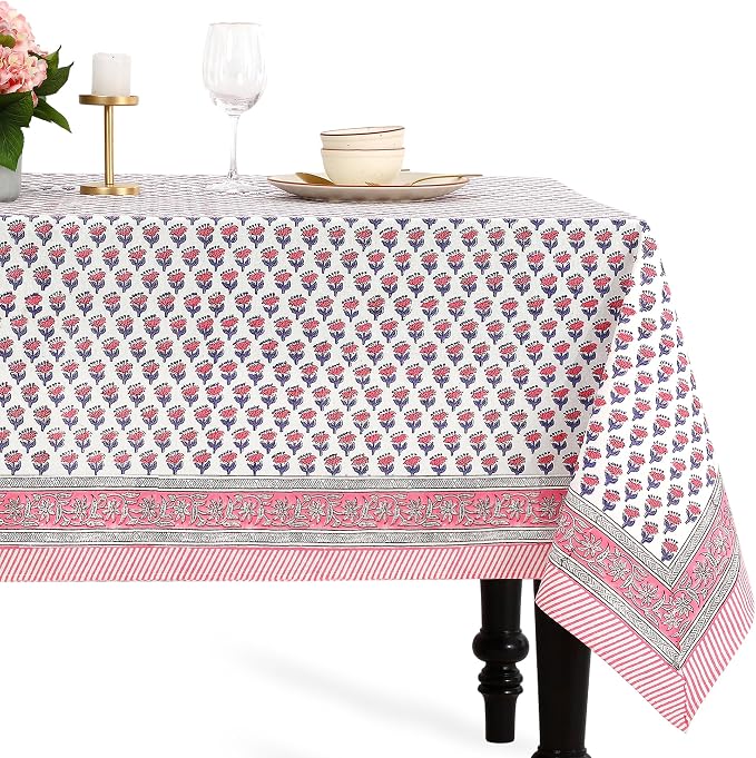CPC Tablecloth 100% Cotton 70x118 Inch Indian Block Print Rectangle Table Cover, Table Cloth for Weddings, Spring/Summer, Barbeque -Pink Sapphire