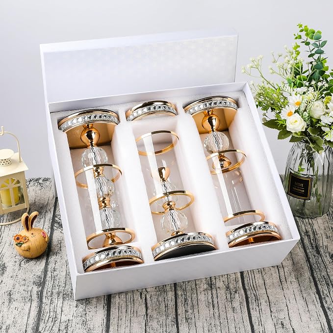 10" / 12.4" / 14.7" Tall Hurricane Candle Holder, Pillar Candle Holders with Glass Sleeve with Gift Box, Crystal Candle Stands for Home Warming, Weddiing, Table Centerpiece (3, Gold, S+M+L)