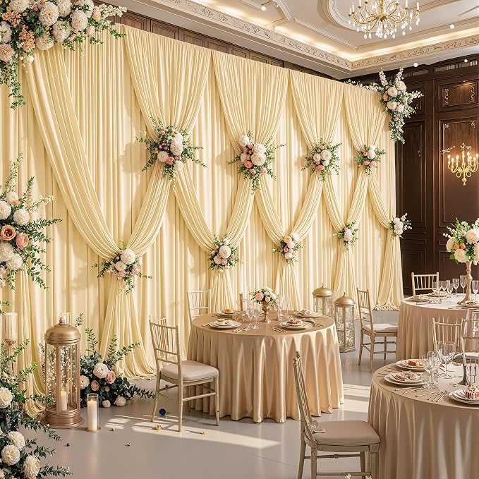 30ftx12ft Wrinkle Free Champagne Backdrop Curtain, 6 Panels 12FT Long Wedding Photo Backdrop Drapes, Silky Polyester Back Drop Cloth for Birthday Photography Background Party Backdrop Draping