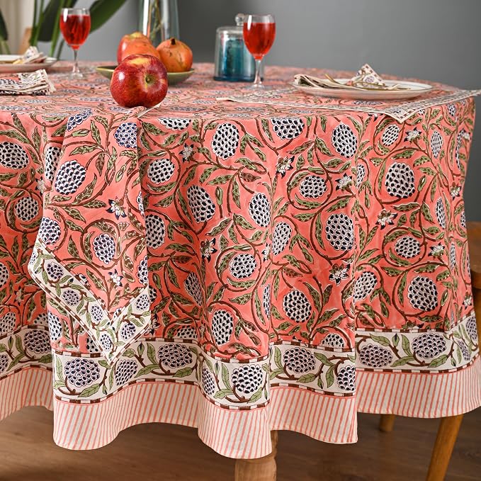 Hand Block Printed Tablecloth – Colorful Floral Print | 100% Cotton | Indian Artisan Handmade Art | Dining Room, Kitchen, Outdoor Décor, (Dark Salmon Pink, 108 Inches Round)