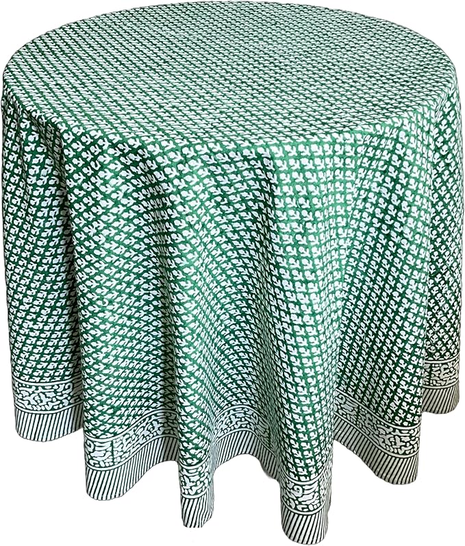 ATOSII Queen Green 100% Cotton Round Tablecloth, Handblock Print Floral Table Cloth for Kitchen Dining Linen I Parties, Weddings, Outdoors, Christmas, Thanksgiving I Fall Home Decor 60" Inches Round