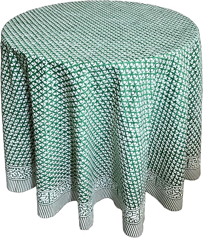 ATOSII Queen Green 100% Cotton Round Tablecloth, Handblock Print Floral Table Cloth for Kitchen Dining Linen I Parties, Weddings, Outdoors, Christmas, Thanksgiving I Fall Home Decor 72" Inches Round