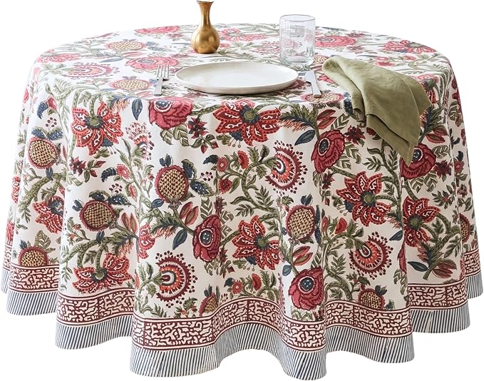 ATOSII Ruby 100% Cotton Round Tablecloth, Handblock Print Floral Table Cloth for Kitchen Dining Linen I Parties, Weddings, Outdoors, Picnics, Easter Spring Summer Home Decor 72" Inches Round