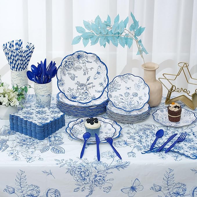 Funnymoom 452 Pcs Blue Floral Plates and Napkins Party Supplies, Scalloped Chinoiserie Blue White Flower Paper Plates Napkins Cups Tablecloth Cutlery Straw for Wedding Bridal Tea Party Decoration