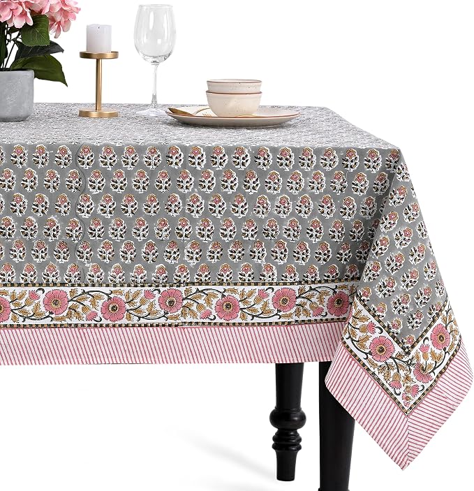 CPC Tablecloth 100% Cotton 70x108 Inch Indian Block Print Rectangle Table Cover, Gray Table Cloth for Weddings, Spring/Summer, Barbeque - Labra Gray