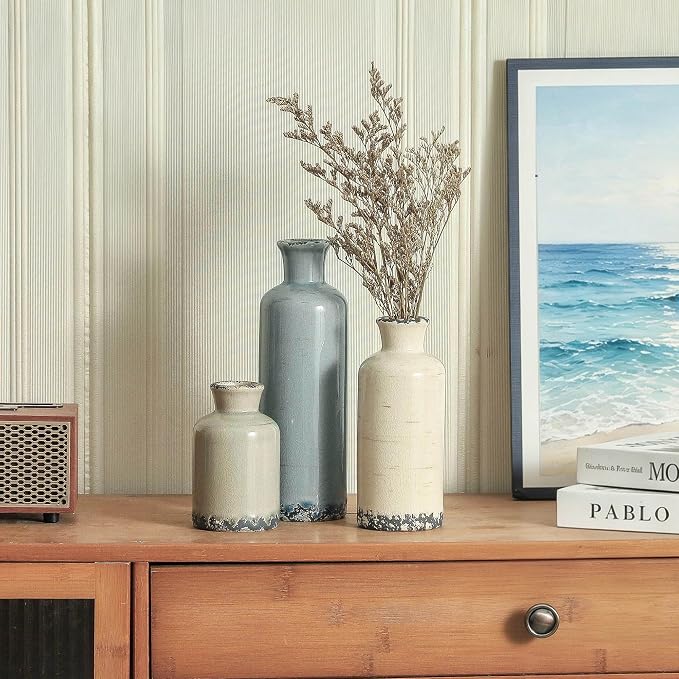 Ceramic Vase Set of 3, Neutral Flower Vases Home Decor, Pottery Rustic Farmhouse Decorative Vases Modern Decor for Table Mantel Entryway Bookshelf Living Room Kitchen Bedroom - Ocean