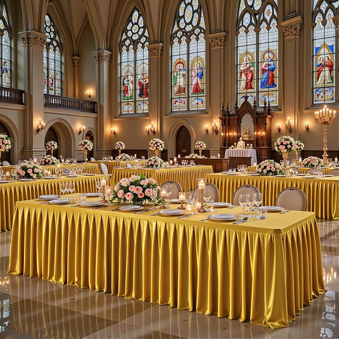 Gold Satin Tablecloths Rectangle 8FT, Glitter Spandex Fitted Stretch Table Covers Wrinkle-Free Floor Length Shimmer Table Skirt for Weddings Parties Baby Shower Banquets Vendor Events