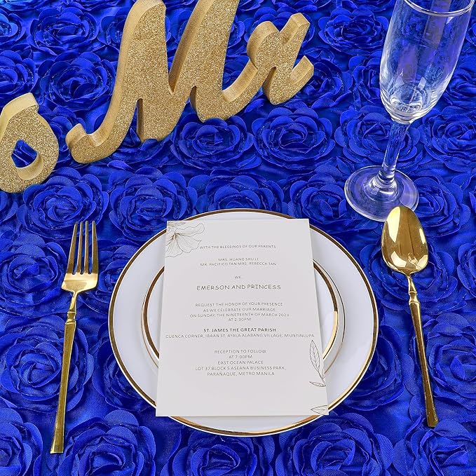 Fanqisi Royal Blue 50x80 Inches Rosette Tablecloth Rectangle Satin Tablecloth 3D Rosette Table Line Rectangle Table Cover Wedding Banquet Party Baby Shower Decor