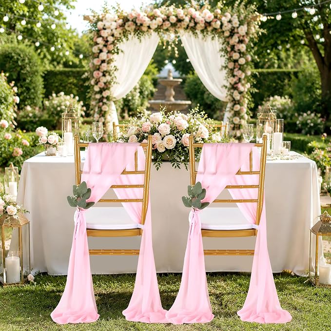 QueenDream Pink Chair Sashes Wedding: 16 Pieces Long Sheer Wedding Aisle Chair Decorations Tulle Chairs Covers with Artificial Eucalyptus