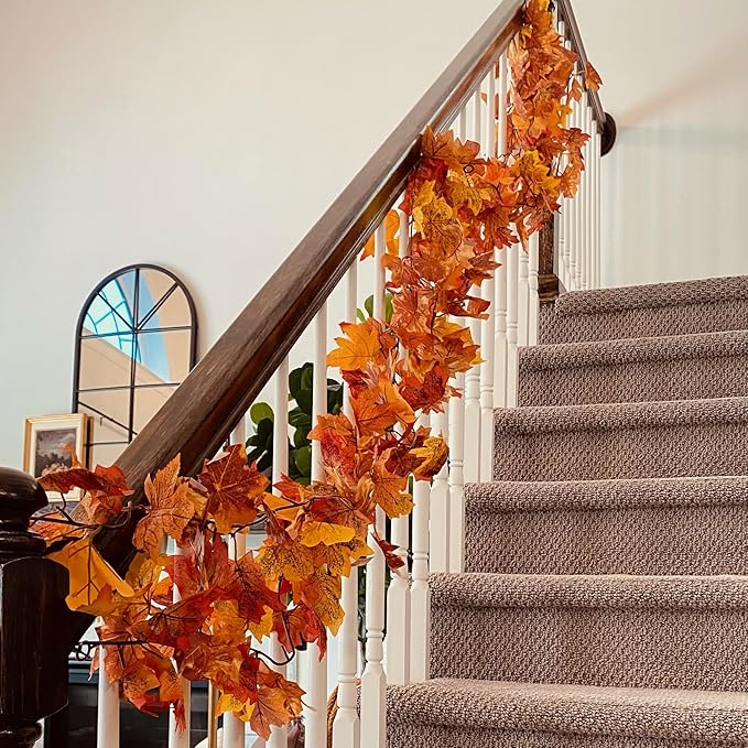 CQURE 12 Pack Fall Leaf Garland, 5.9Ft Artificial Maple Leaf Garland Fall Leaves Autumn Hanging Vines Maple Leaves Thanksgiving Decor for Home Wedding Fireplace Party