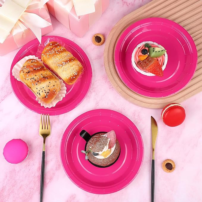 Breroa 72 Pieces Hot Pink Paper Plates 7 Inch Bulk Paper Plates Disposable Round Dessert Plate Heavy Duty Solid Color Plate Table Decors Party Supply for Birthday Party, Dinner Table, Wedding