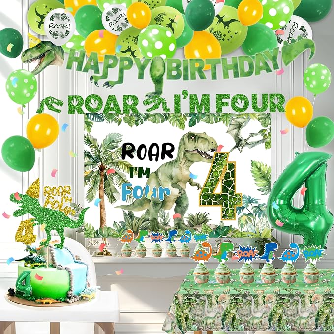 Dinosaur 4th Birthday Party Decorations Boy,Roar Im 4 Dinosaur Party Decorations,Boys 4th Dinosaur Birthday Party Decorations.