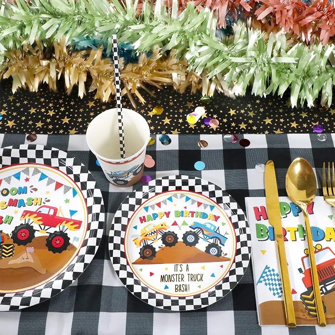 Recheel Monster Truck Party Supplies Decorations, Kids Birthday Paper Plates and Napkins Set with Cups and Straws for 24 Guests, 120 Pcs Disposable Party Dessert Dinnerwares