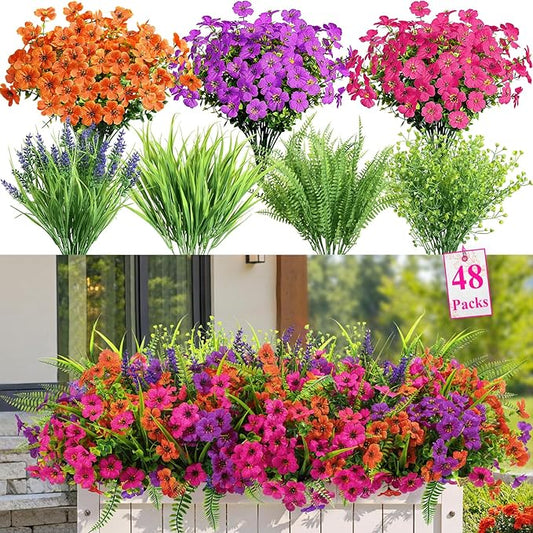 Alupssuc 48 Bundles Artificial Flowers for Outdoors Spring Summer Decoration, UV Resistant Eucalyptus Violet and Lavender Silk Fake Plants for Outside Indoor Yard Home Patio Decor, Orange Rose Purple