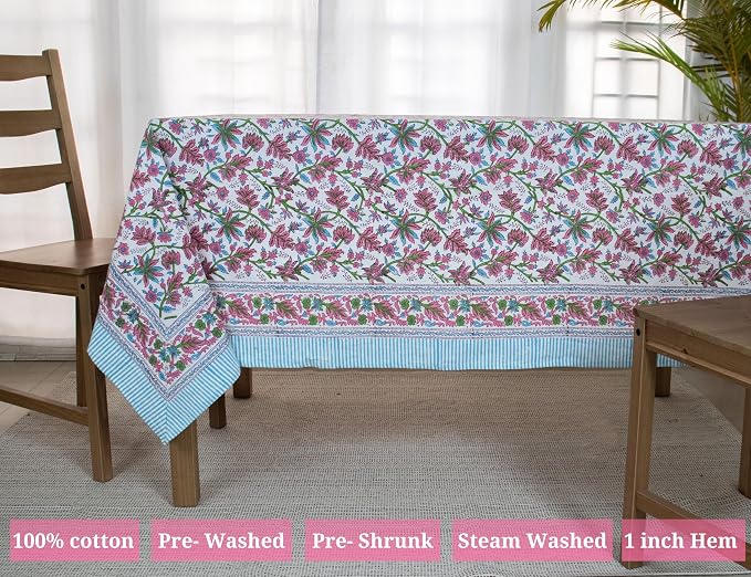 Block Print Table Cloth- 60x120 Inch Rectangle 100% Cotton Handmade Pre-Shrink, Washable for Spring, Kitchen & Dining Perfect for Patio, Indoor & Outdoor, Farmhouse