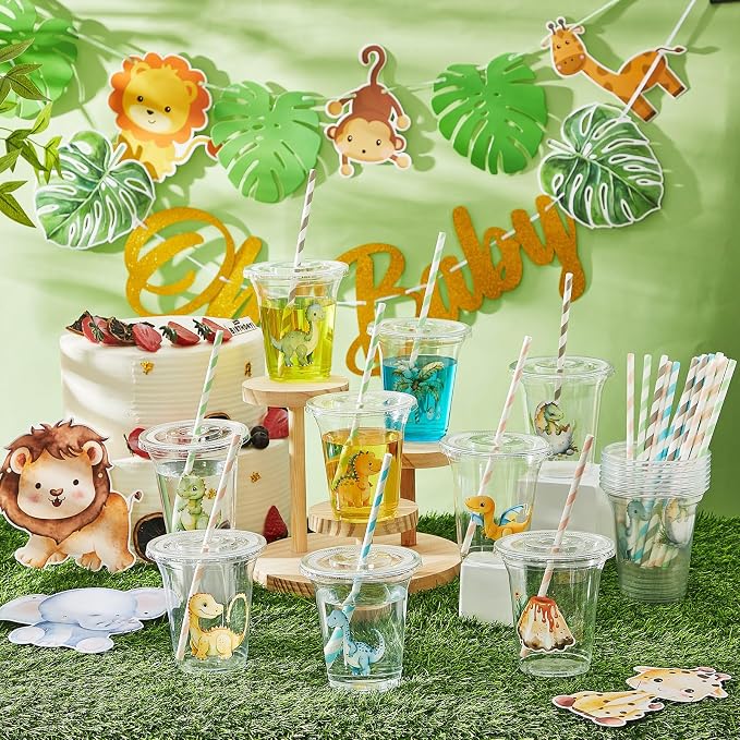 Qinyoung 60 Pcs Dinosaur Baby Shower Decorations Safari Animals Cups with Lids and Paper Straws 14 oz Dino Rebirth Party Cups for Dinosaur 4th Baby Shower Birthday Party Favor