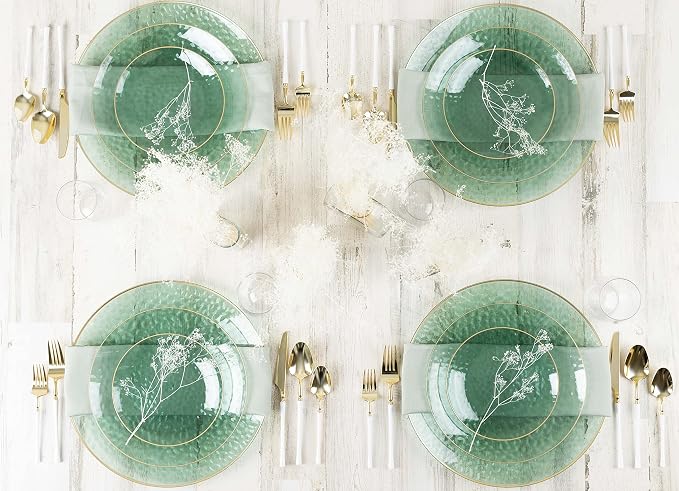 PLASTICPRO 128 Piece Combo Plates Set includes 64-7'' inch Plates & 64-10'' inch Plate Green Hammered Plastic Party Plates Premium heavyweight Elegant, Disposable, Tableware, Dishes,