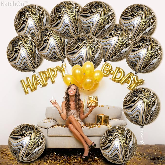 KatchOn, Black and Gold Marble Balloons - Big 22 Inch, Pack of 12 | 4D Marble Black and Gold Balloons for Birthday Party Decorations | Agate Balloons for Retirement, Dance Party Decorations