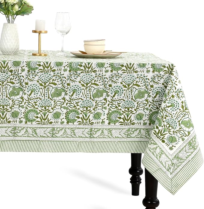 CPC Block Print Tablecloth Agate Green 118"x70" Rectangular 100% Cotton Reusable Table Cover, Everyday Decorative Table Cloth Use for Dining, Farmhouse, Home Gift for Spring, Mother's Day