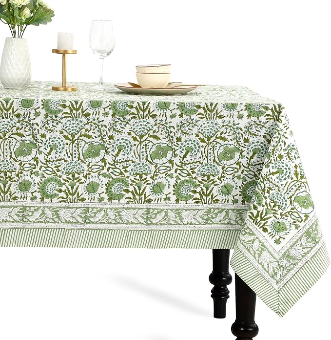 CPC Block Print Tablecloth Agate Green 120"x80" Rectangular 100% Cotton Reusable Table Cover, Everyday Decorative Table Cloth Use for Dining, Farmhouse, Home Gift for Spring,Summer
