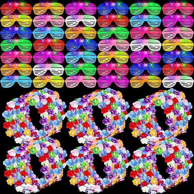 80 Pcs Glow in the Dark Party Supplies Light Up Party Favors LED Light Up Glasses LED Flower Crown Headband Glowing Floral Wreath Crown Neon Flash Glasses for Birthday Wedding Gift