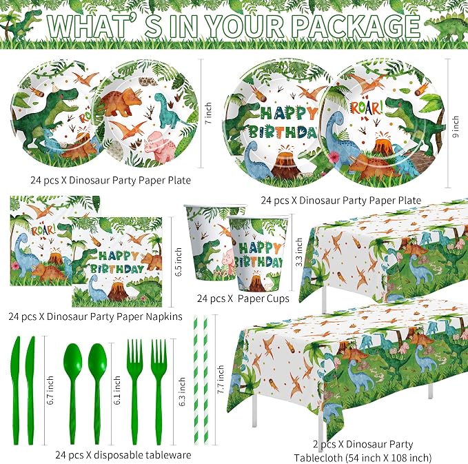 Dinosaur Birthday Decorations for Kids, Jungle Animal Dino Dinosaur Party Supplies for Birthday Baby Shower, Plate, Napkin, Cup, Banner, Tablecloth, Balloon, Swirl, Backdrop, Curtain, Serves 24