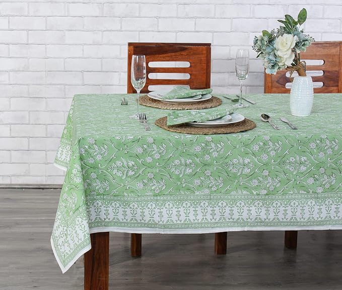 Ridhi Pear Green Hand Block Print Cotton Rectangle Tablecloth 160" x 72" inches Reusable Table Cover Decorative Everyday Use for Dining Room, Farmhouse, Home Gift for Spring, Mother's Day