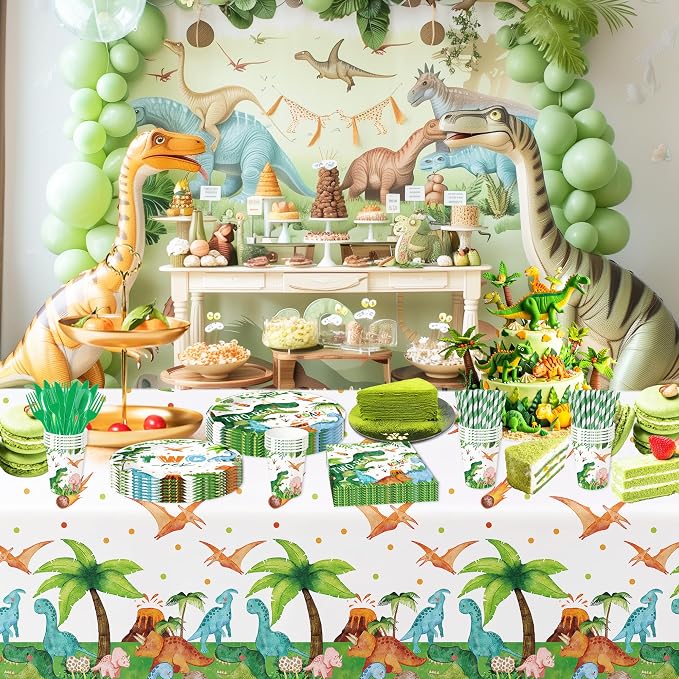 Dinosaur 2nd Birthday Party Supplies For Boy - Dinosaur Theme Dino Two Rex Birthday Decorations Tableware, Disposable Paper Plate, Cup, Napkin, Tablecloth, Cutlery | 24 Guest