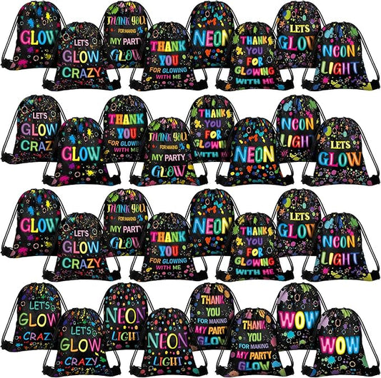Talltalk 32 Pack Neon Party Favor Bags Light Up Party Drawstring Candy Backpack Bags Neon Birthday Party Candy Candy Favor Bags Neon Theme Birthday Party Supplies Glow Party Decoration Supplies