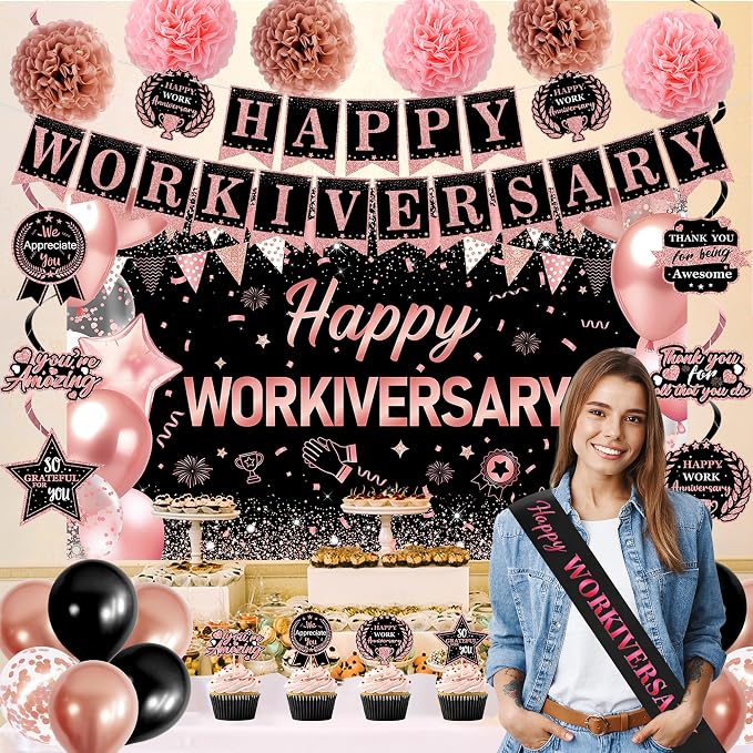 DARUNAXY Happy Workiversary Party Decorations for Women, Rose Gold Happy Work Anniversary Banner Cake Topper Hanging Swirl Confetti Balloons Decor Set for Pink Employee Office Party Supplies for Girls