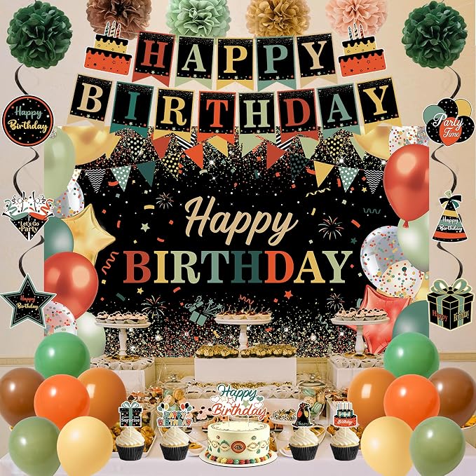 DARUNAXY Colorful Birthday Party Decorations Set | Happy Birthday Banner & Sash, Balloons Pom Poms Cake Topper Decor, Birthday Gifts Party Supplies for Men Women Boys Girls