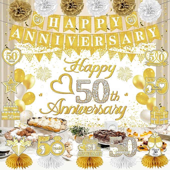 Turypaty Happy 50th Anniversary Decorations Kit, White Gold 50th Wedding Anniversary Party Supplies - Large Happy 50th Anniversary Banner Backdrop, Table Centerpieces, Hanging Swirls, Paper Pompoms