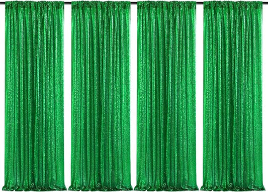 Green Sequin Backdrop Curtains-4 Panels 2FTx8FT Green Backdrop for St Patricks Day, Glitter Party Decorations Background Drapes for Wedding Birthday Anniversary Graduation Photo Booth Decor