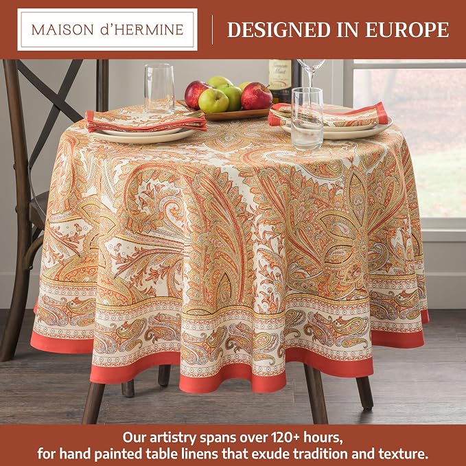Maison d' Hermine Table Cloth Round Table 100% Cotton 63 Inches Fall Tablecloth Reusable Everyday Use for Thanksgiving Christmas Decorations Dining Farmhouse Party (Kashmir Paisley)