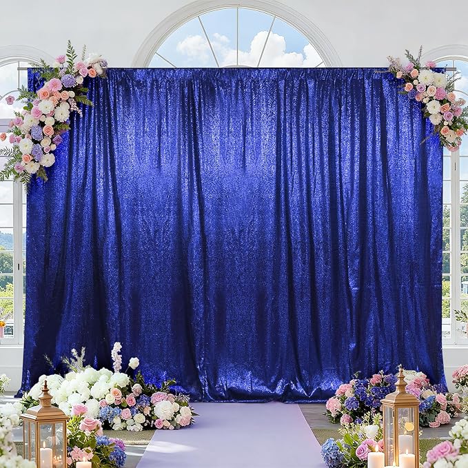 SquarePie 20x10ft Navy Blue Sequin Backdrop for Photography, Satin-Backed Real Sequin Curtain, Enhanced Coverage Shimmering Background with 4" Rod Pocket for Wedding, Birthday, Party Decor, 1 Panel