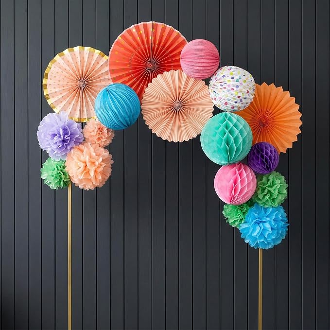 PapaKit Premium Paper Decoration Set - Pom Pom, Honeycomb and Accordion Lantern (Festive Colors) Birthday Party Baby Shower Bride to Be Engagement Wedding Events
