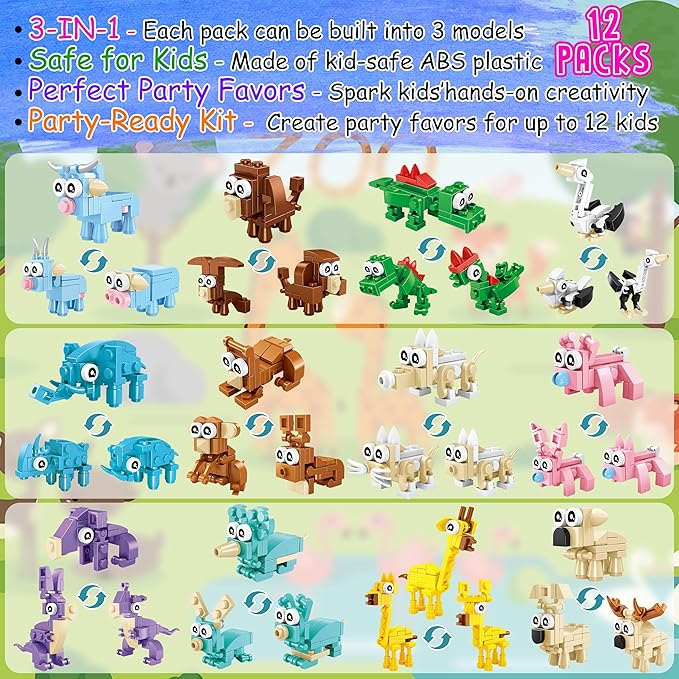 LINAYE 12 Packs Building Blocks Party Favors - 122 Pcs Birthday Party Favors Supplies with Goodie Bags, Animals Building Blocks, Notebooks, Tattoo Stickers Sheets Gift Bag Stuffers for Kids