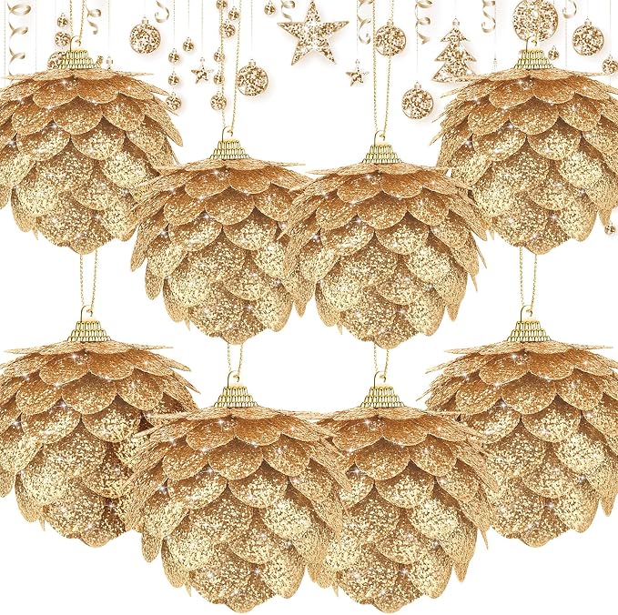 Sratte 8 Pcs Valentine Ball Ornaments Artificial Pinecone Hanging Ornaments Glitter Winter Faux Flower for Xmas Decor, 3.15/2.36 Inch(Gold)