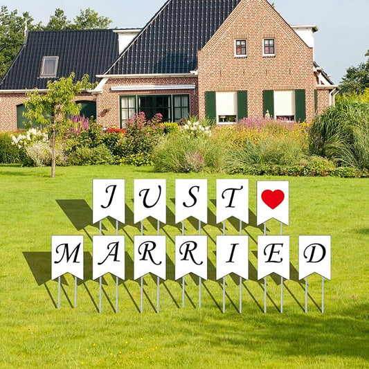 JUST MARRIED Yard Signs with Stakes,13.7x9.8 Inches Wedding Outdoor Lawn Signs,Patio Decorations, Garden Lawn Decorations for Anniversary