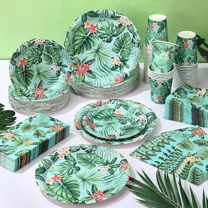 Pickmesh 250 Pcs Hawaiian Paper Napkins Plates Cups Set Tropical Nights Luau Party Supplies Hawaii Aloha Disposable Tableware for Summer Birthday Pool Beach Dinner, Serve for 50 Guests(Monstera)