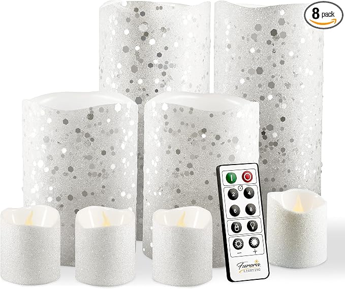 FURORA LIGHTING White Glitter Flameless Candles - Real Wax, Adjustable Brightness, Remote & Timer - 4 Pillars (3x4, 3x6) and 4 Votives, 8-Pack, Battery Operated