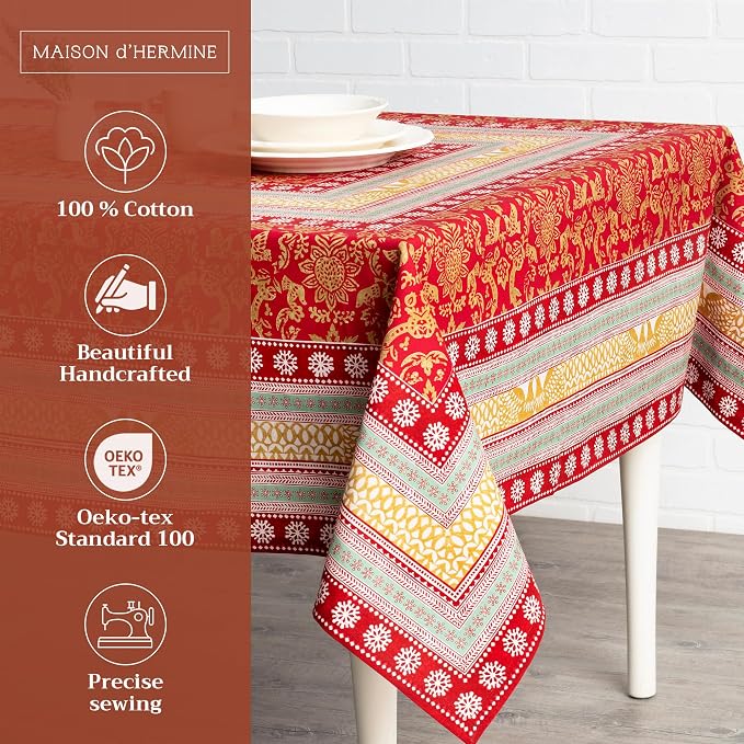 Maison d' Hermine Table Cloth Rectangle Table 100% Cotton 60 x 108 Inches Fall Tablecloth Reusable Everyday Use for Thanksgiving Christmas Decorations Dining Farmhouse Party (Sofia)