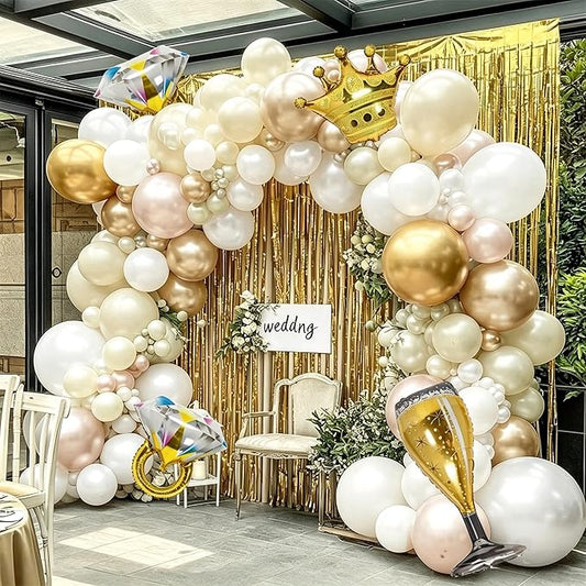 White Gold Balloon Arch Kit, Double Stuffed Nude Beige White Sand Balloon Garland with Fringe Curtains and Ring Foil Balloons for Boho Wedding, Bridal Shower, Engagement, Birthday, Baptism Party Decor