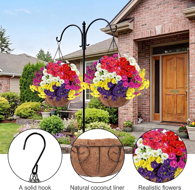 Artificial Flowers for Outdoors with Baskets Hanging Plant Faux Flowers UV Resistant Fake Silk Morning Glory with Eucalyptus for Planter Porch Garden Home Spring Summer Decoration(Mixed 6 colors)