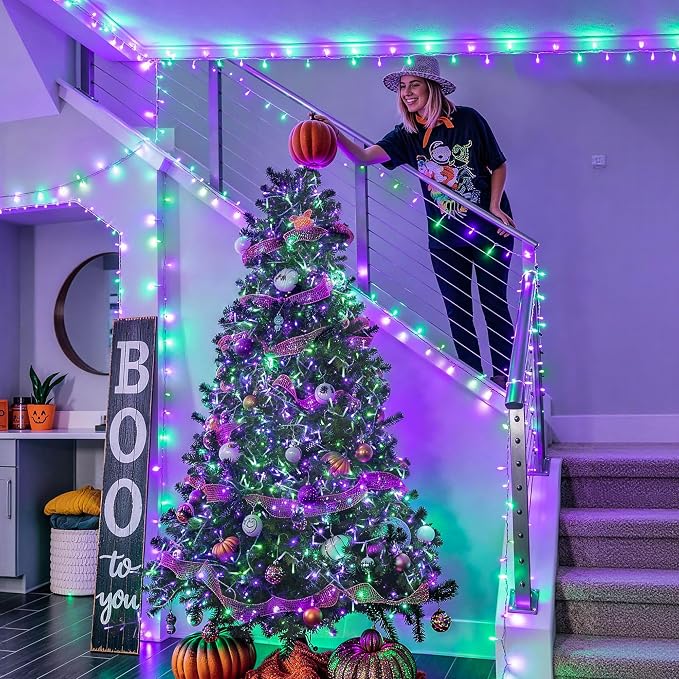 JMEXSUSS 2 Pack Battery Operated Halloween Lights with Remote, Total 66FT 200 LED Purple and Green Halloween Lights Indoor Outdoor, 8 Modes String Lights for Outside Yard Tree Front Porch Room House