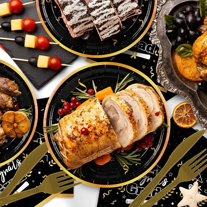Graduation Decorations 2026 Graduation Party Decorations,147 PCS Disposable Graduation Grad Tableware,Black and Gold Graduation Tablecloth Knives Fork Plates Napkin Cups Graduation Party for 24 Guests