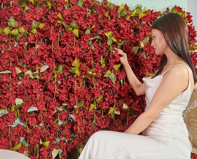 PONKING Flower Garland, Artificial Hydrangea Vine Flowers, Hanging Fake Hydrangeas Vine for Room Anniversary Wedding Birthday Christmas Wall Arch Decor, 2 Pcs, Floral Garland, Red Flower