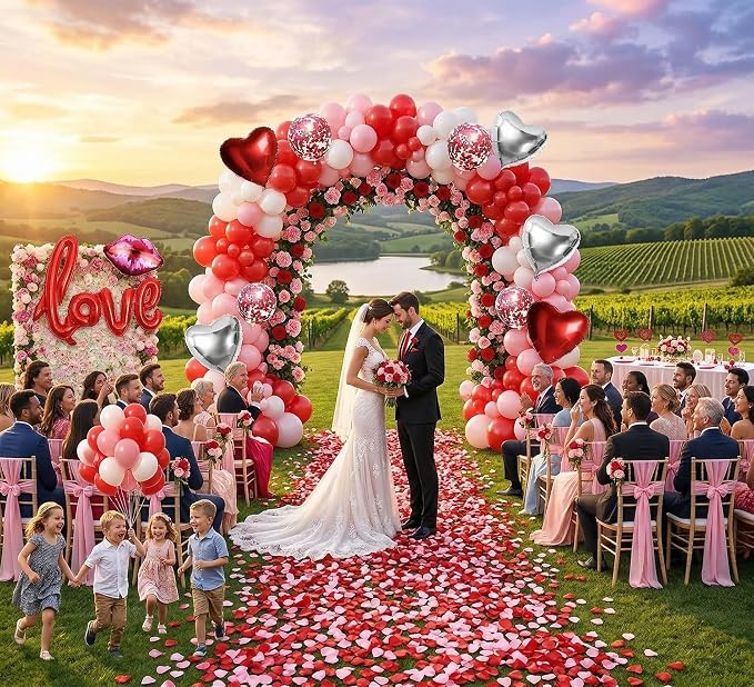 Wedding Anniversary & Valentine’s Day Heart Balloon Set- 200+Pcsred balloons heart balloons, Rose Petals, Metallic Love Letters, Hearts for Anniversary, Wedding, Proposal, Party Decor