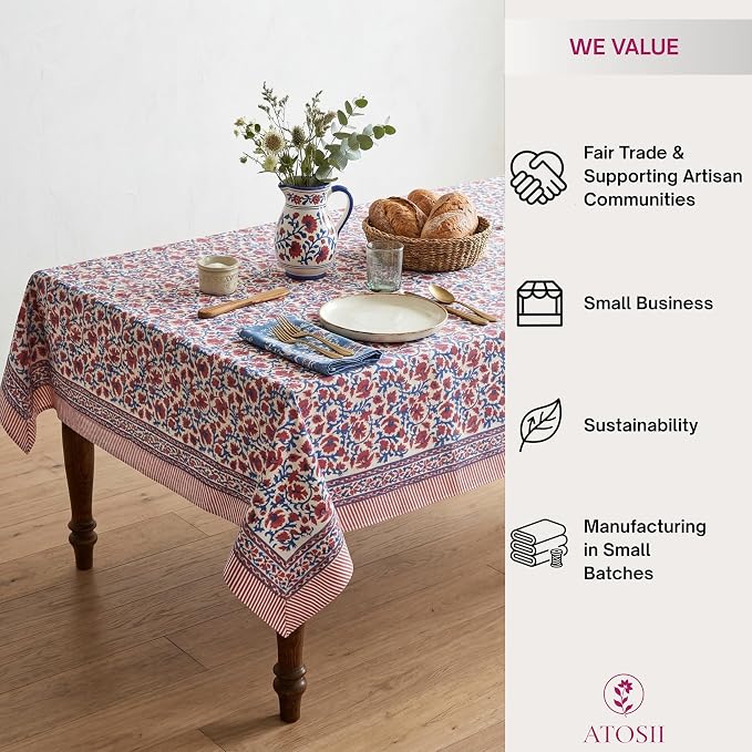 ATOSII Nora 100% Cotton Rectangle Spring Summer Tablecloth, Handblock Floral Print Linen Table Cloth for Kitchen Dining I Parties, Weddings, Outdoors, Easter Decor 60 X 108 Inches, 8 Seater